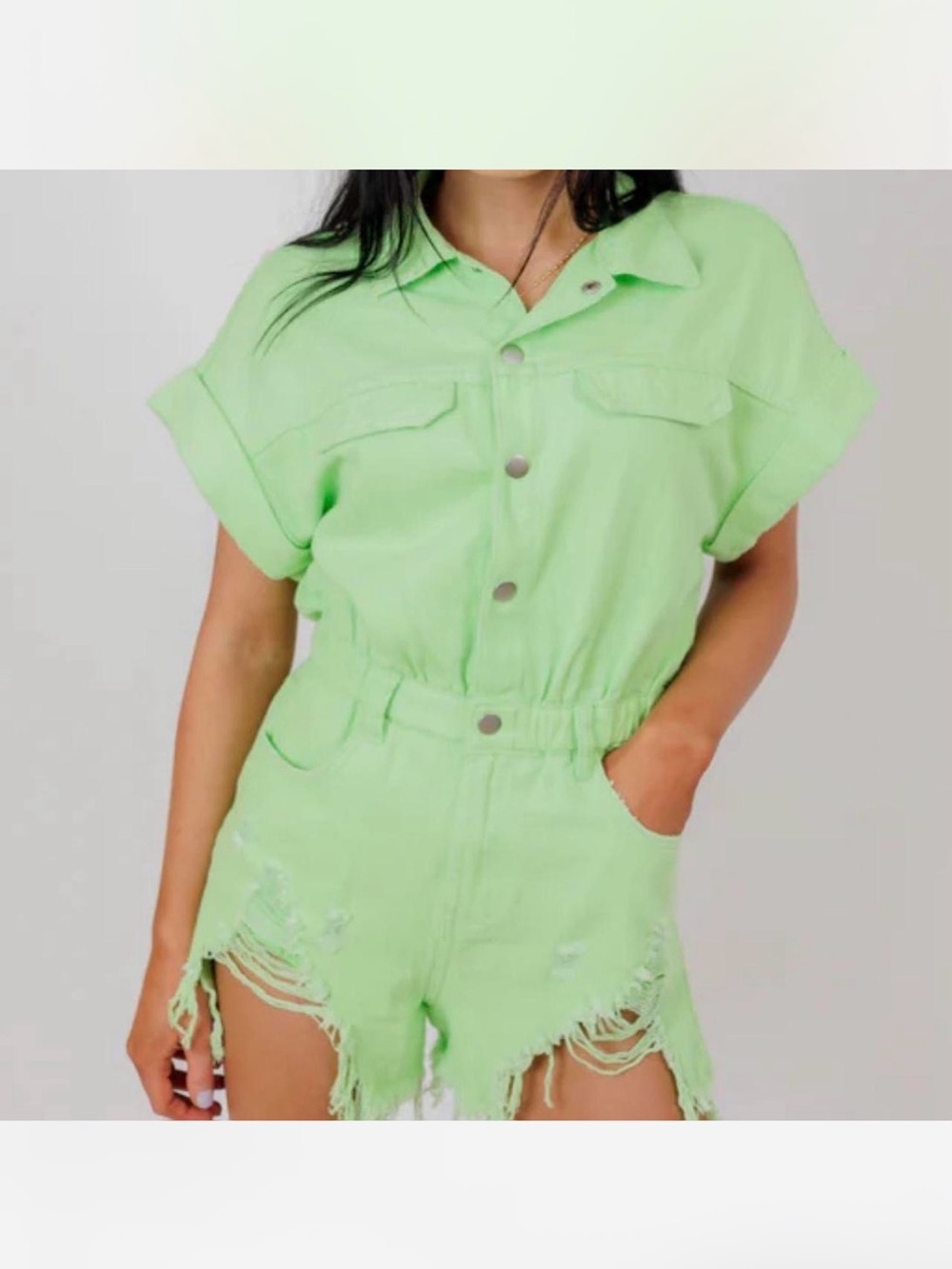 These Three Boutique Lime Green Denim Romper